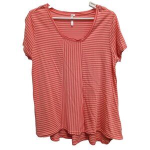 Lulu B Womens‎ Lagenlook Tunic Top Large Coral Striped Short Sleeve Vacation Tee